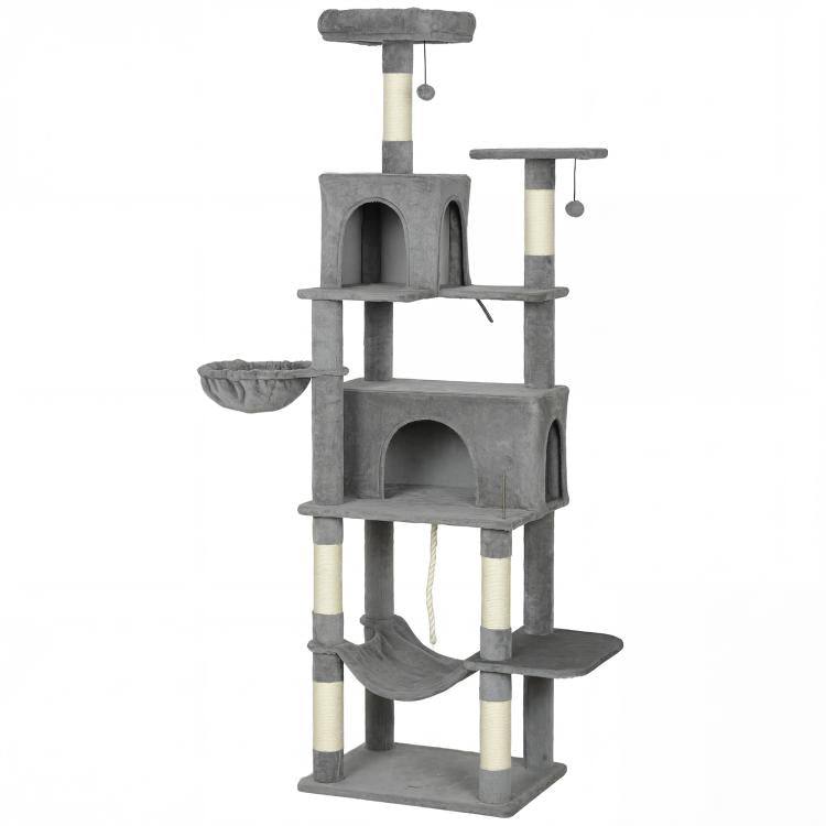 Dark gray cat tree with two enclosed condos, hammocks, and sisal scratching posts