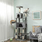 Dark gray cat tree with cubby condos, top perch bed, and hanging ball toy