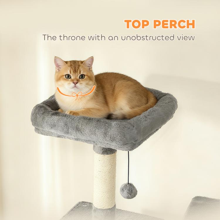 Single cat resting on the top cushioned perch of a dark gray cat tree