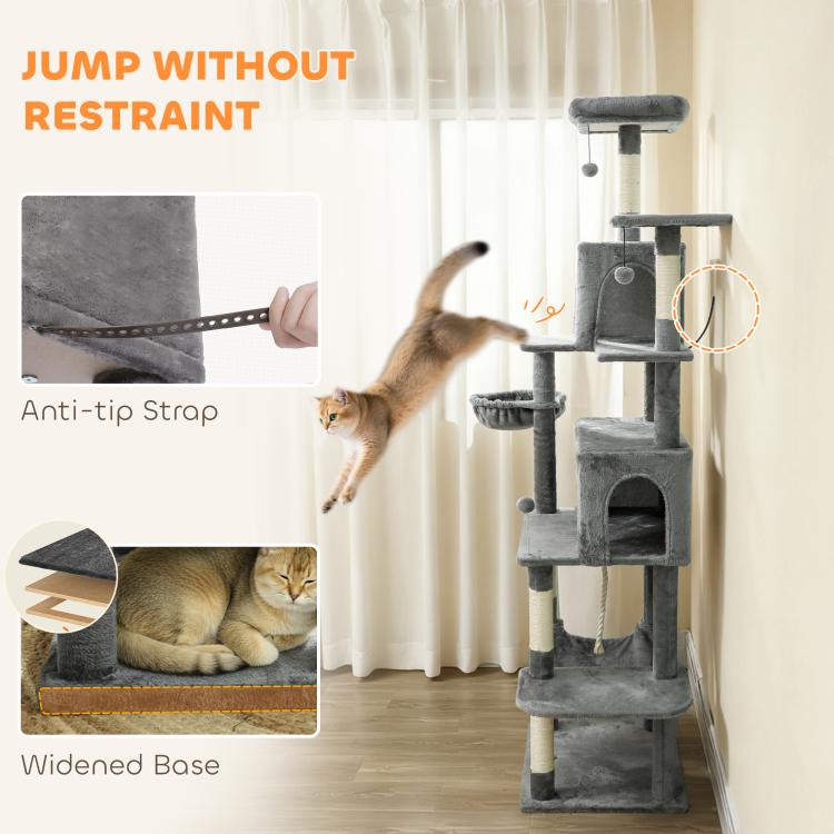 Dark gray cat tower with wide base, anti-slip details, and multiple stacked levels