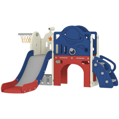 Toddler slide playset with basketball hoop, blue and red slide with gray platform