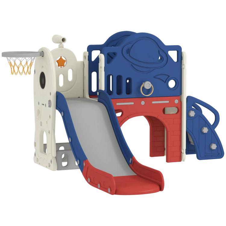 Toddler slide playset with basketball hoop, gray slide with blue playhouse and red arch