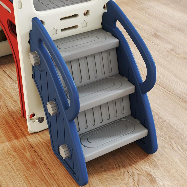 Blue and white toddler slide set with three-step climbing platforms and curved side rails