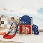 Toddler slide playset with basketball hoop, kids playing on blue-and-red slide structure