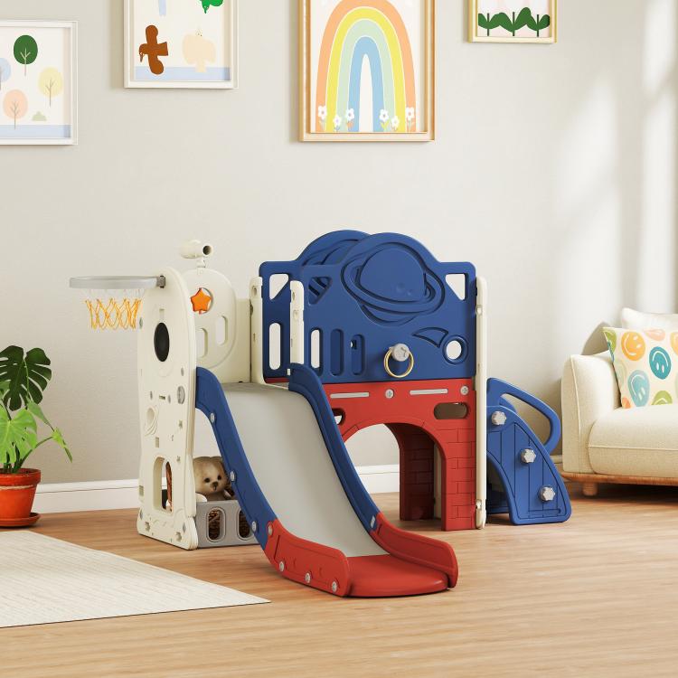 Indoor toddler slide playset with basketball hoop, blue playhouse with red slide