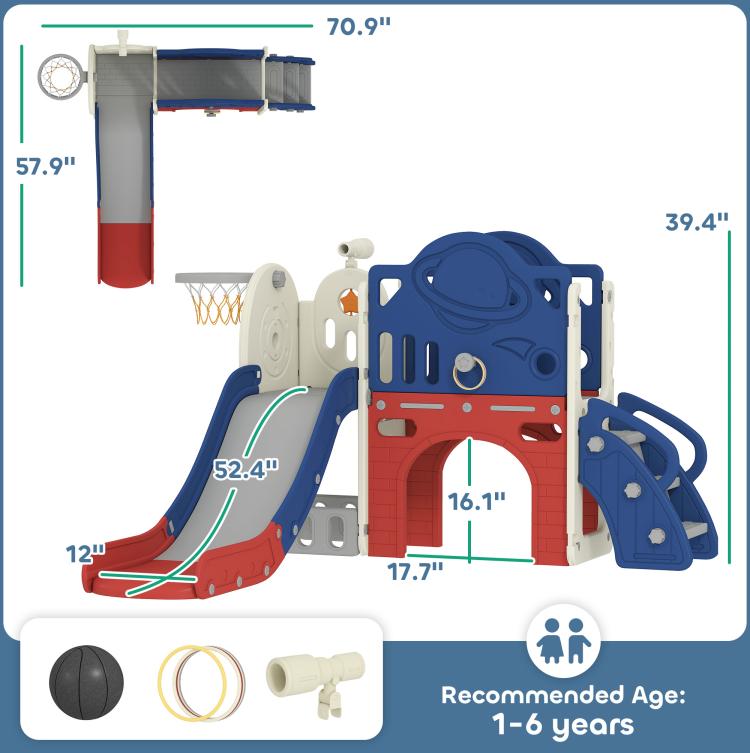 Toddler slide playset with basketball hoop, size diagram showing slide and accessories