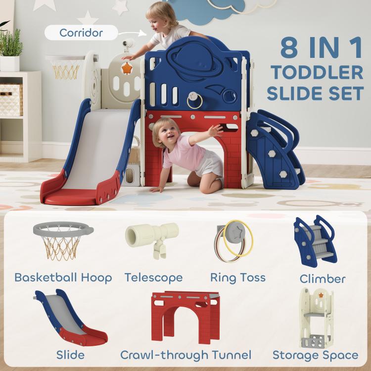 Toddler slide set with basketball hoop, kids kneeling and playing at blue-and-red structure