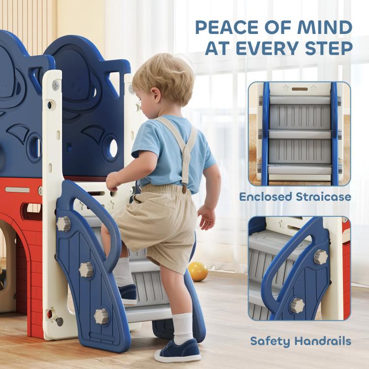 Toddler slide playset with enclosed stairs, blue/red unit with safety handrails
