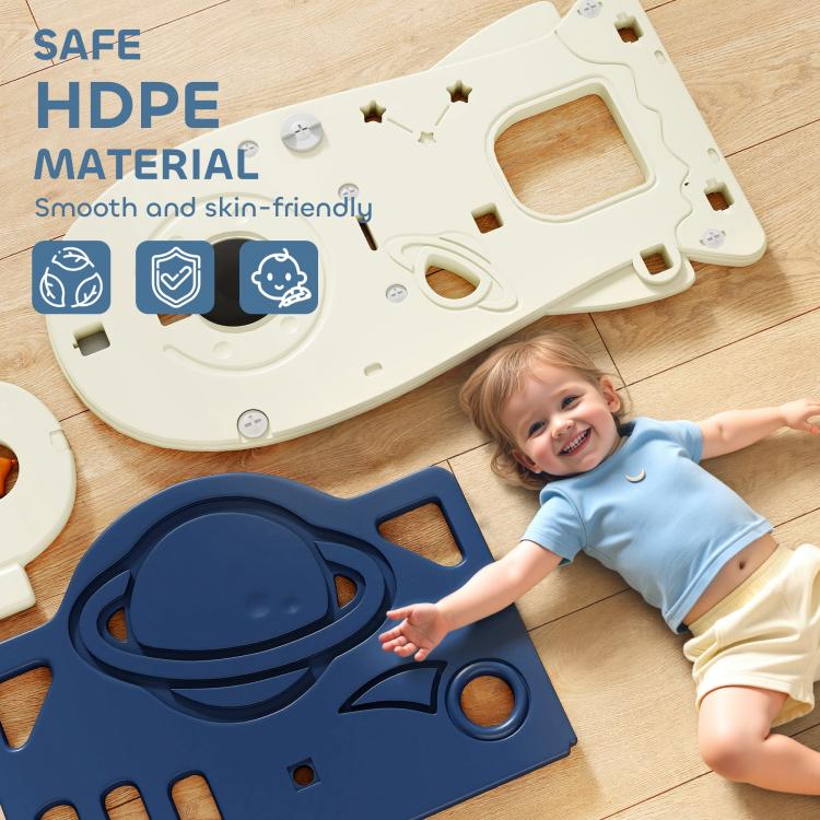 Toddler slide playset with smooth blue panel and white base, child playing on floor