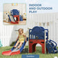 Indoor and outdoor toddler slide playset with basketball hoop, blue playhouse and red slide