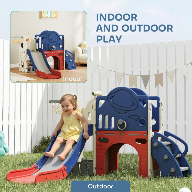 Indoor and outdoor toddler slide playset with basketball hoop, blue playhouse and red slide