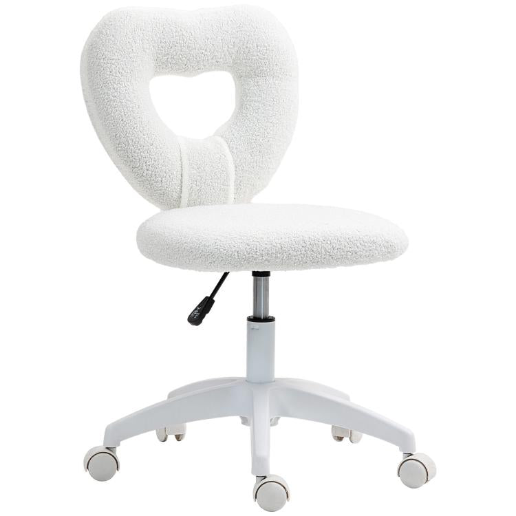 White teddy fleece armless office chair with heart-shaped back cutout and swivel base