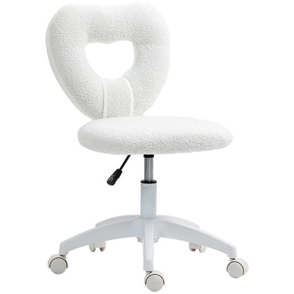 White teddy fleece armless office chair with heart-shaped back cutout and swivel base