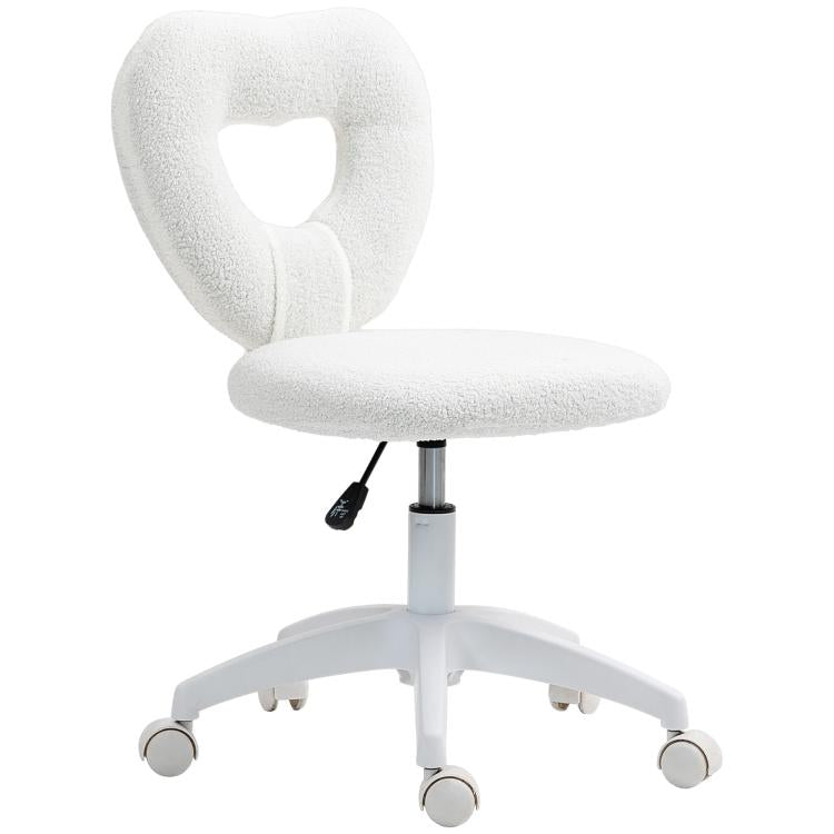 White armless task chair with teddy fleece heart back, round seat, and swivel wheels