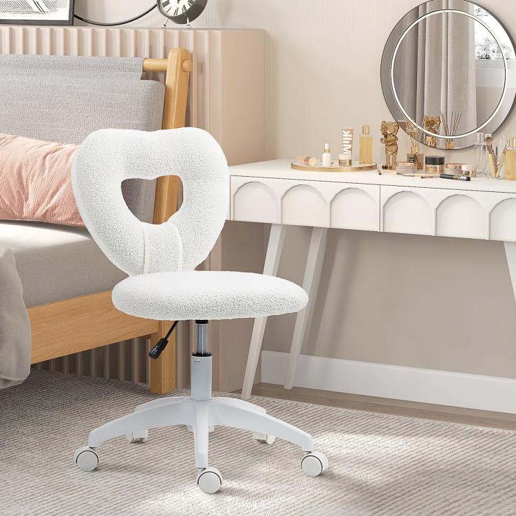 White armless task chair with teddy fleece heart back and swivel caster wheels