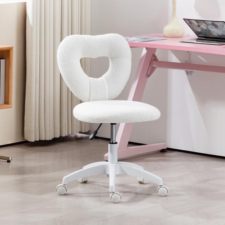 White armless vanity chair with teddy fleece heart back cutout and rolling swivel base