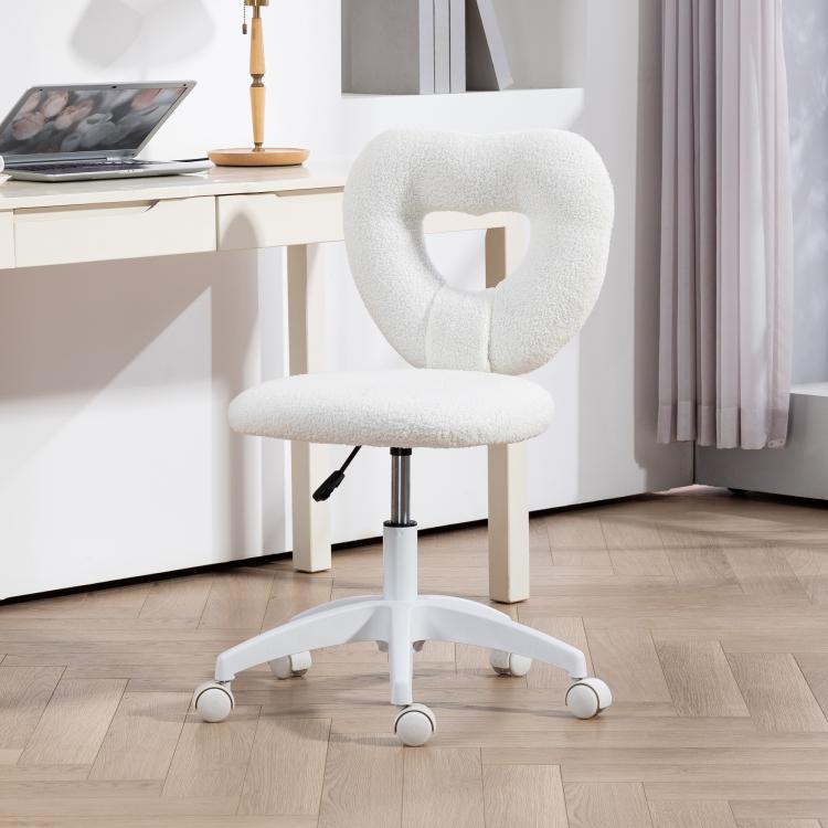 White teddy fleece armless task chair with heart-shaped back cutout and 5-wheel base