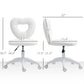 White armless teddy fleece chair with heart back cutout and measured seat and height
