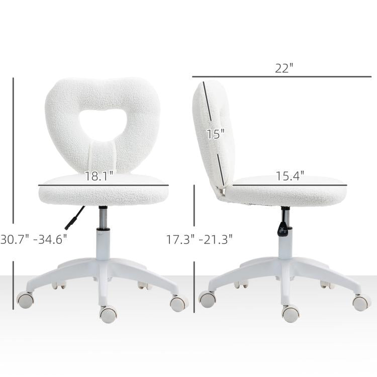 White armless teddy fleece chair with heart back cutout and measured seat and height