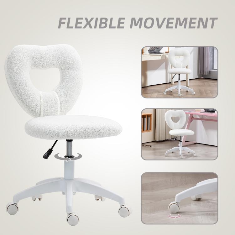 White armless swivel chair with teddy fleece heart back cutout and rolling casters