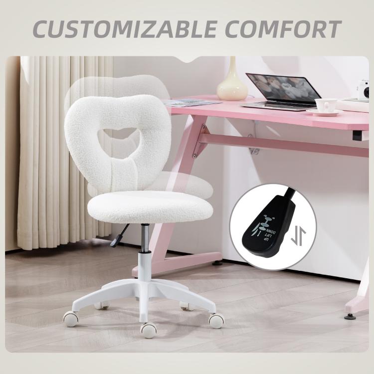 White teddy fleece armless chair with heart-shaped back cutout and swivel comfort