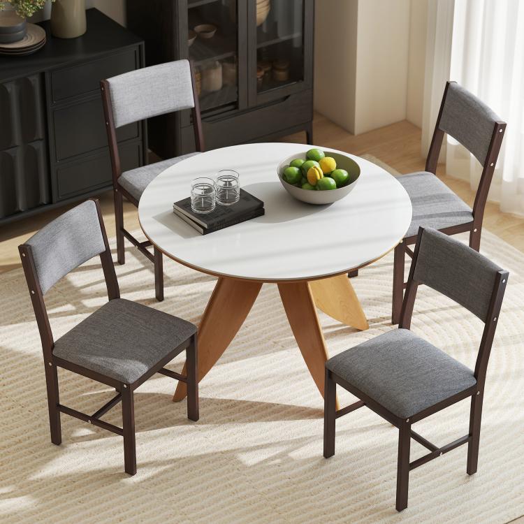 Set of 4 dining chairs with gray linen upholstery and dark wood legs, square seats