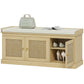 Light oak entryway bench with open shoe cubby, woven rattan cabinet doors, cushioned top