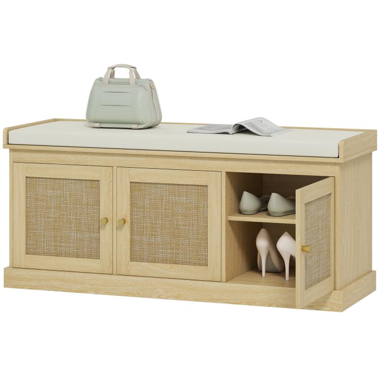 Light oak entryway bench with open shoe cubby, woven rattan cabinet doors, cushioned top