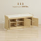 Light oak shoe storage bench with cushioned top, side-open compartments and storage shelves
