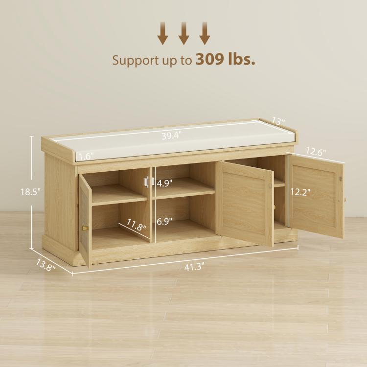Light oak shoe storage bench with cushioned top, side-open compartments and storage shelves