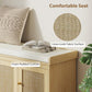 Light oak shoe bench with foam-padded cushion, linen-look fabric top, woven rattan door panels