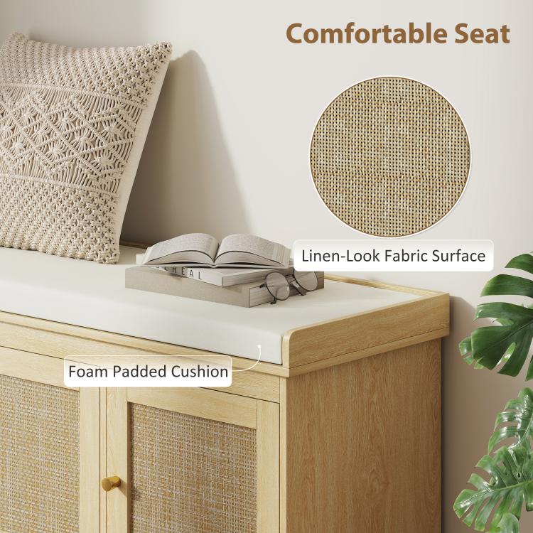 Light oak shoe bench with foam-padded cushion, linen-look fabric top, woven rattan door panels