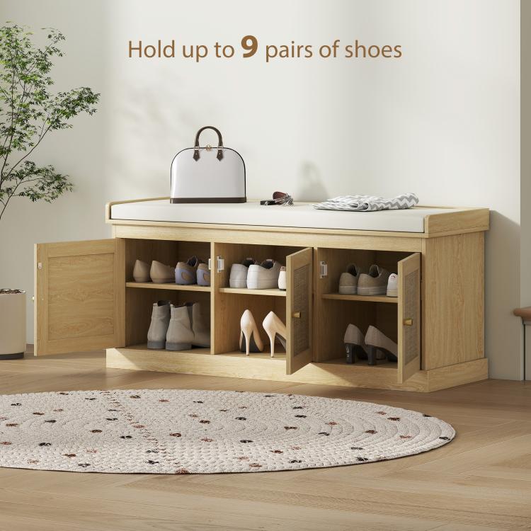 Light oak shoe storage bench with open doors, multiple shoe cubbies, cushioned top