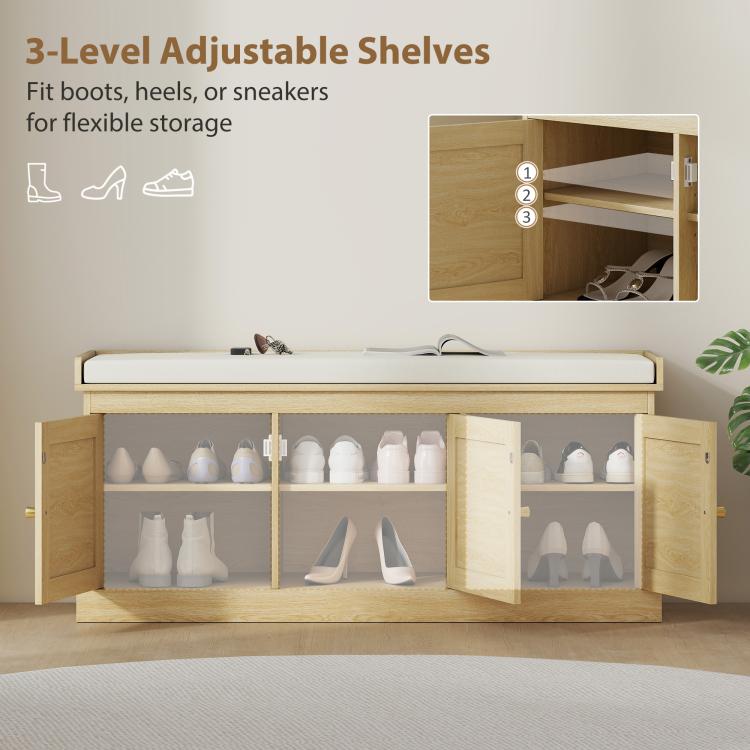 Light oak shoe bench with 3-level adjustable shelves behind woven rattan doors, open view
