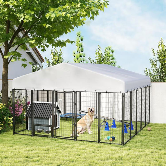 Outdoor dog kennel run with gray cover, black frame, and small dog shelter platform