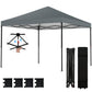Dark gray instant pop-up canopy tent with sidewalls, stakes, sandbags, and roller bag