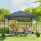 Dark gray pop-up canopy tent with open sides and slanted roof, supported by metal poles