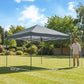 Dark gray 10x10 pop-up canopy tent with steel frame and measured height markers
