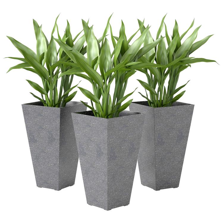 Set of 3 tall gray tapered plastic planters with marble finish and green plants