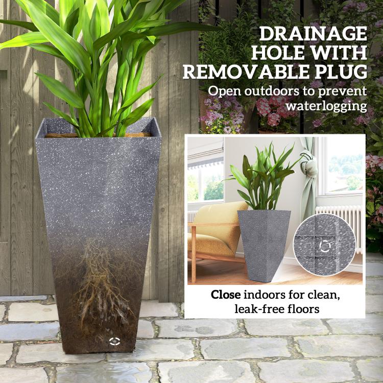 Tall gray tapered plastic planter with removable drainage plug detail at bottom