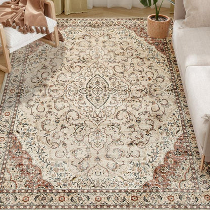 8x10 area rug with cream base, ornate classical floral medallion, mixed brown border