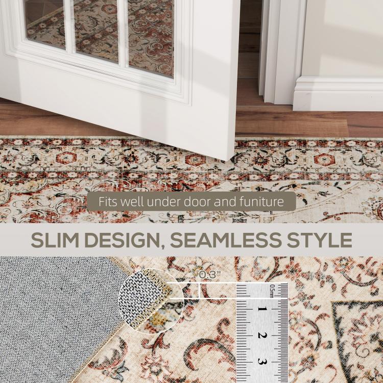 Edge detail of cream floral rug with ornate pattern and thin, seam-free look