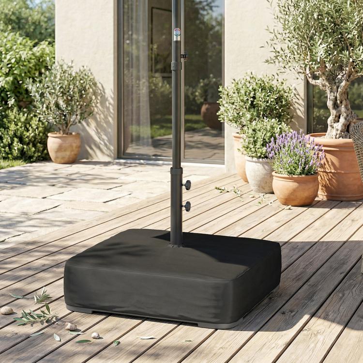 Black garden parasol base with fabric cover and upright pole, side mounting knobs