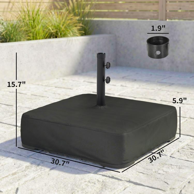 Black sand-filled umbrella base with square cover and pole mounting post