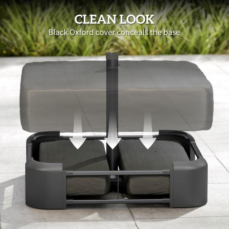 Black umbrella base with cover opened to reveal inner cross frame