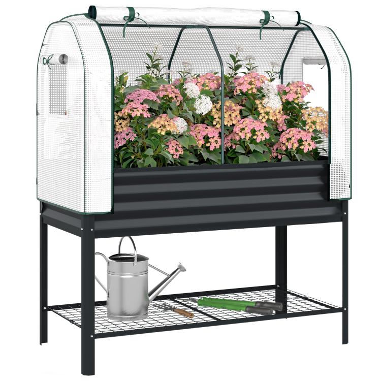 Elevated raised garden bed with white mesh greenhouse cover, black base and bottom shelf