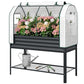 Raised garden bed greenhouse cover with side mesh panels, black frame, and lower storage shelf