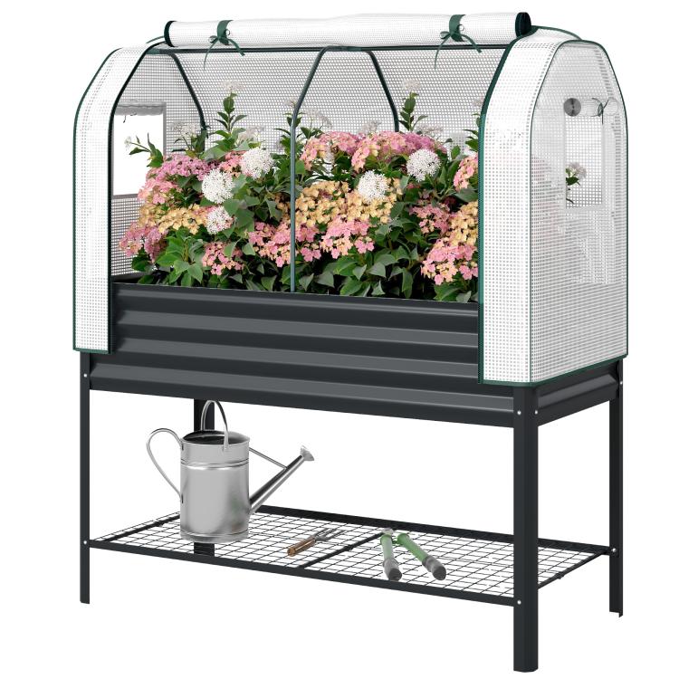 Raised garden bed greenhouse cover with side mesh panels, black frame, and lower storage shelf
