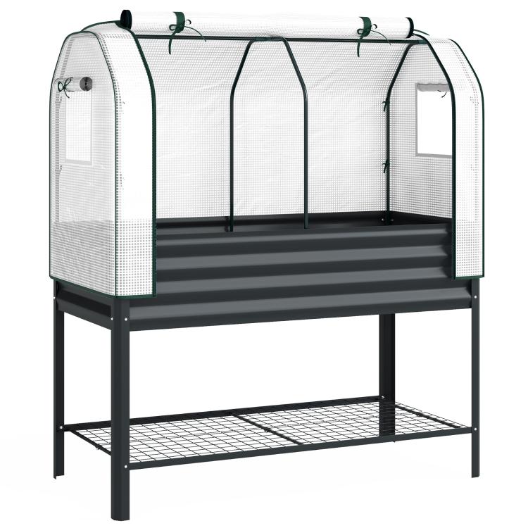 Black metal raised garden bed with greenhouse cover and bottom wire shelf