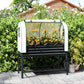 Outdoor elevated garden bed with white greenhouse cover, black legs, and lower shelf